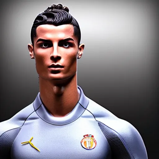 Image similar to “a realistic detailed photo of a guy who is an attractive humanoid who is half robot and half humanoid, who is a male android, Cristiano Ronaldo, shiny skin, posing like a statue, blank stare, press conference, on display”