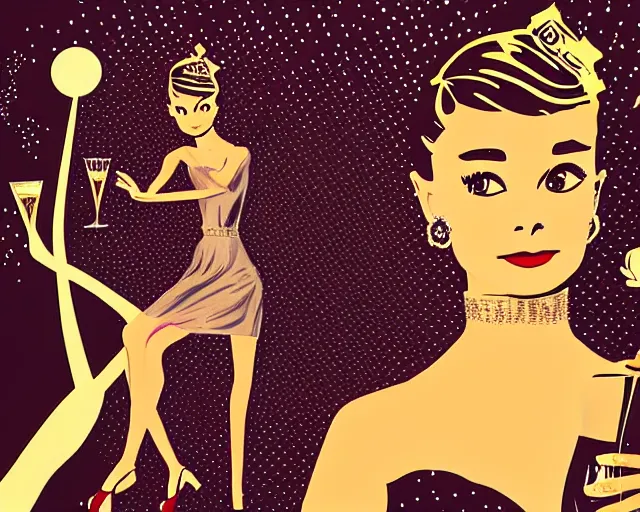 Prompt: teenage audrey hepburn dancing in art deco style, champagne commercial, artstation, illustration, bright, cheerful, detailed and intricate environment