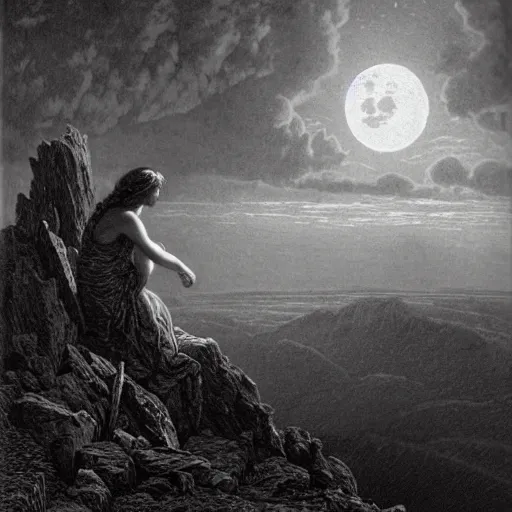 Prompt: A widow looks from a mountaintop, mountains, gorgeous view, velly distant forest, distant city, distant glow, night, moon, dramatic light, Chiaroscuro, long shadows, dark, thunderclouds, masterpiece, high detail, detailed, illustration by Paul Gustave Doré