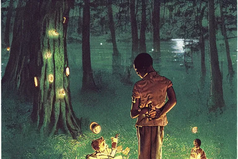 Prompt: a scenic view of a black boy talking to a ghost in the middle of a magical forest with glow-worm lights near a lake, detailed, cinematic, dramatic scene, retro illustration by Norman Rockwell.