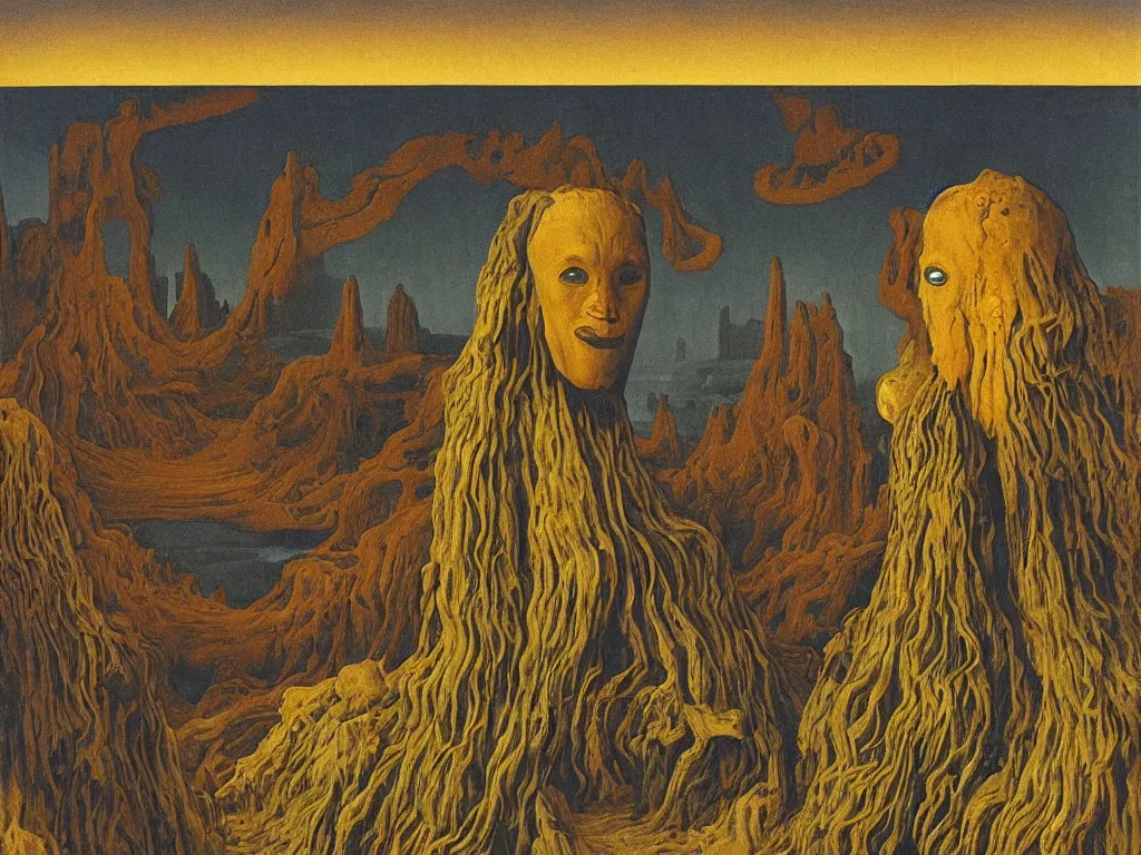 Prompt: Portrait of strange man, african mask, very elongated head, with moth antennae entering the toxic, phosphorescent river flowing from the factory. Apocaliptic skies. The glowing rock in the lithium desert. Painting by Jan van Eyck, Rene Magritte, Jean Delville, Max Ernst, Walton Ford