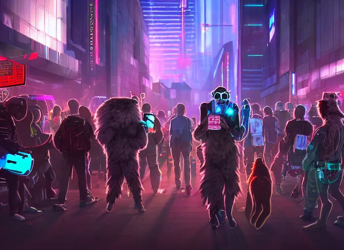 Image similar to high - resolution photograph from a cyberpunk era furry fandom convention ( midwest furfest 2 0 4 7 ), taking place after the genetic revolution and quantum singularity. photorealistic.