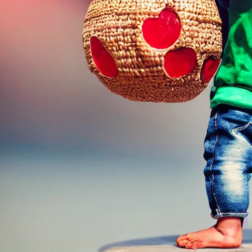 Image similar to close - up of a tiny boy standing on a plate and carrying a beachball - sized cherry in his arms, ultra realistic, highly detailed, sharp focus, cinematic lighting, mood lighting, realistic, vivid colors, photorealistic, digital art