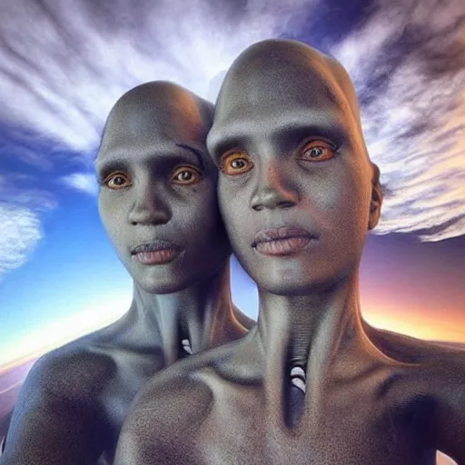 Image similar to “ our humanoid descendants in the year 2 2 0 0 taking a selfie on their sci - fi planet, award - winning details ”