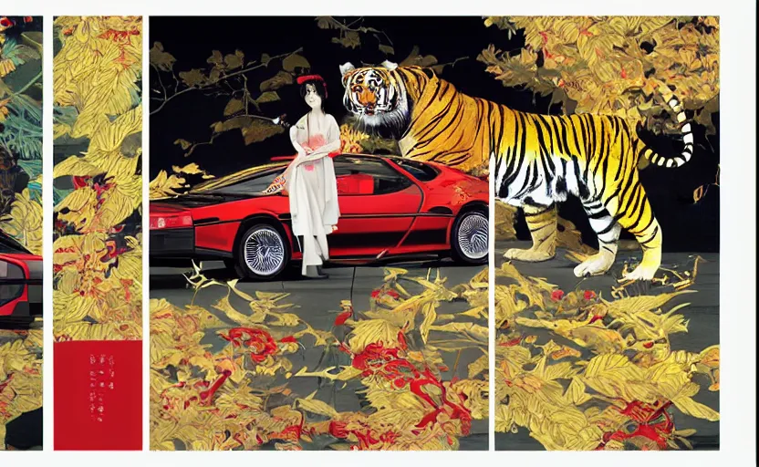 Image similar to a red delorean and a yellow tiger, art by hsiao - ron cheng and utagawa kunisada, magazine collage, # e 5 3 7 1 b, # e 4 e 6 2 0, # de 9 5 f 0,