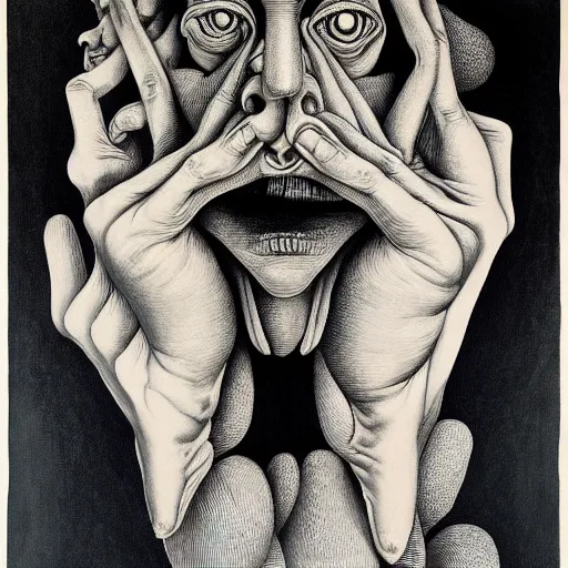 Image similar to lithography on paper conceptual figurative ( post - morden ) monumental dynamic portrait drawn by escher and hogarth and francis bacon, inspired by goya, illusion surreal art, highly conceptual figurative art, intricate detailed illustration, controversial poster art, polish poster art, geometrical drawings, no blur