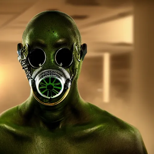 Image similar to human reptile hybrid with gas mask and green toxins popping from body full shot cinematographic high quality highly detailed ultra realistic 8 k