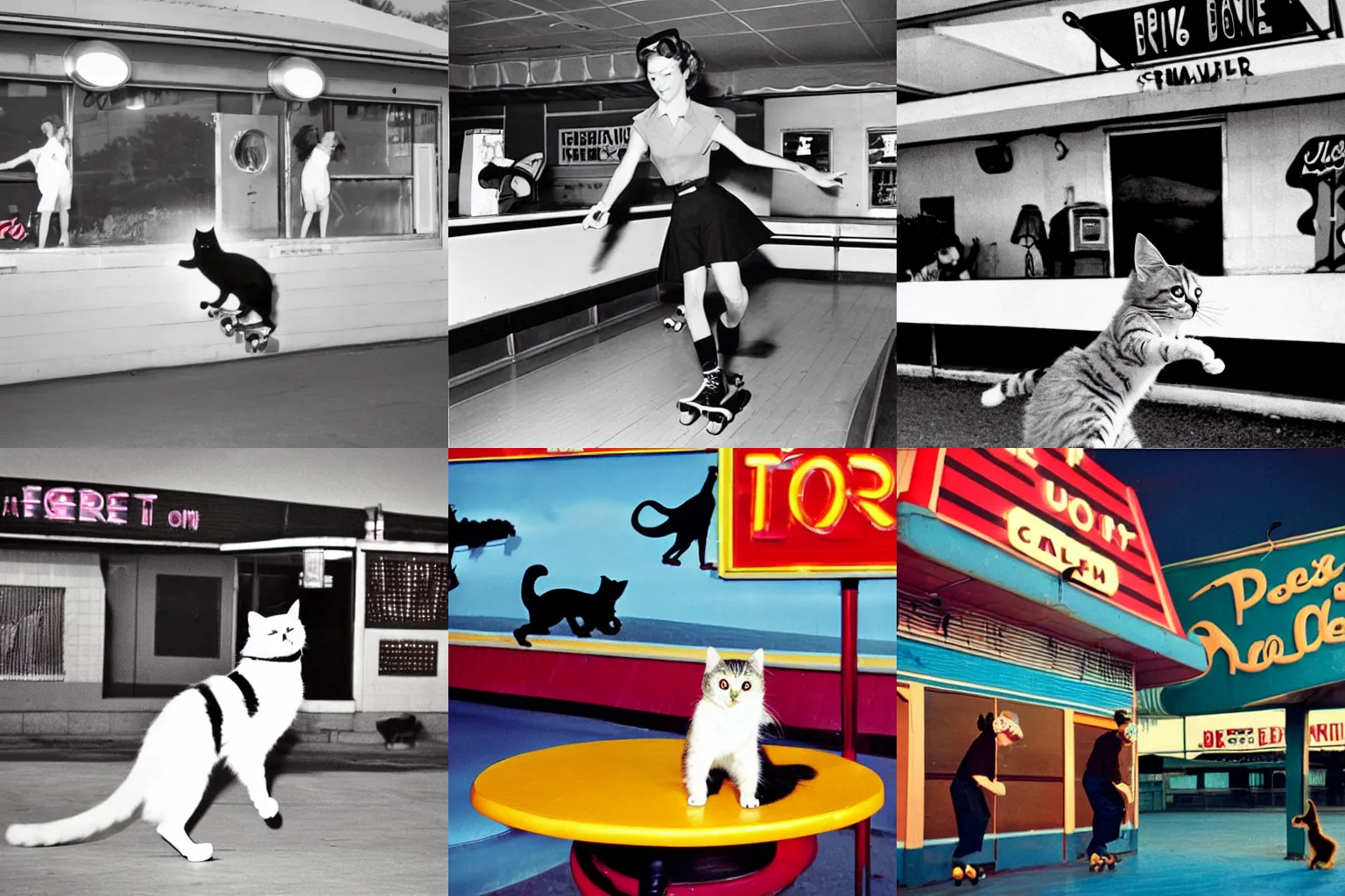 Prompt: roller skating cat at a 1950s drive-in diner