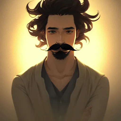 Image similar to Portrait of man with Tousled Curls type hair and Brown Indonesian-type skin, with round face and mustache, atmospheric lighting, intricate detail, cgsociety, ambient light, dynamic lighting, anime style by Yusuke Kozaki