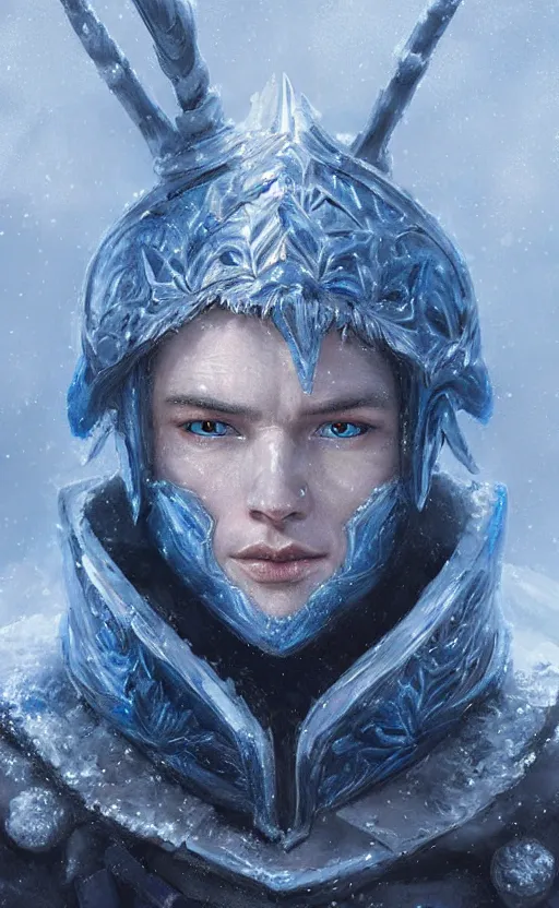 Prompt: portrait of a frozen blue elf in armor, frost, male, detailed face, fantasy, highly detailed, cinematic lighting, digital art painting by greg rutkowski