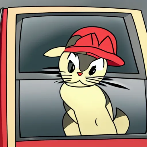 Prompt: Meowth from Pokémon breaking the side window of a car with a baseball bat.