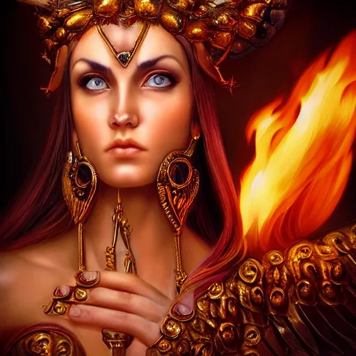 Image similar to perfectly centered close up portrait of goddess of fire, perfect human female specimen, candid photography, by anne stokes, highly detailed