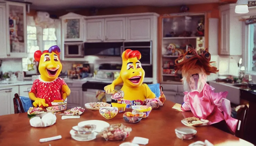 Image similar to 1 9 9 0 s candid 3 5 mm photo of a beautiful day in the family kitchen, cinematic lighting, cinematic look, golden hour, an absurd costumed mascot from the jimbles the super pony show is eating all of the kids cereal, the kids are hungry and the mascot is eating all of their food, uhd