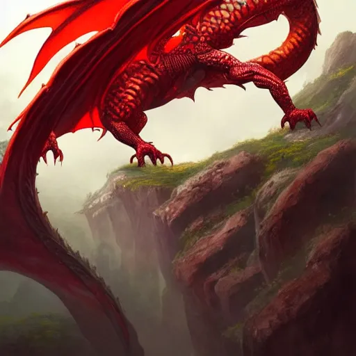 Image similar to a dragon with red scales, guarding of a mountain, highly detailed, digital painting, artstation, concept art, smooth, sharp focus, illustration, art by artgerm, greg rutkowski