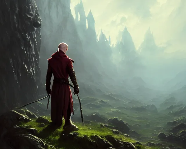 Image similar to highly detailed portrait of daniel radcliffe as a fantasy bald elf mage, in skyrim, stephen bliss, unreal engine, fantasy art by greg rutkowski, loish, rhads, ferdinand knab, makoto shinkai and lois van baarle, ilya kuvshinov, rossdraws, tom bagshaw, global illumination, radiant light, detailed and intricate environment