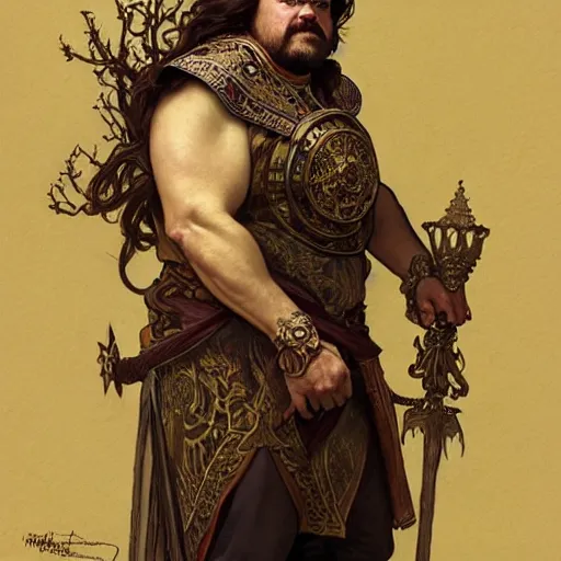 Image similar to full portrait of jack black as king friday, fantasy, d & d, intricate, detailed, by by alphonse mucha, adolfo hohenstein, alice russell glenny, stanley artgerm lau, greg rutkowski, detailed, trending on artstation, trending on artstation, smooth