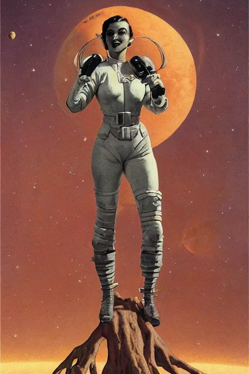 Prompt: 5 0 s pulp scifi fantasy illustration full body portrait slim mature woman in leather spacesuit on mars, baobab tree, by norman rockwell, roberto ferri, daniel gerhartz, edd cartier, jack kirby, howard v brown, ruan jia, tom lovell, frank r paul, jacob collins, dean cornwell, astounding stories, amazing, fantasy, other worlds