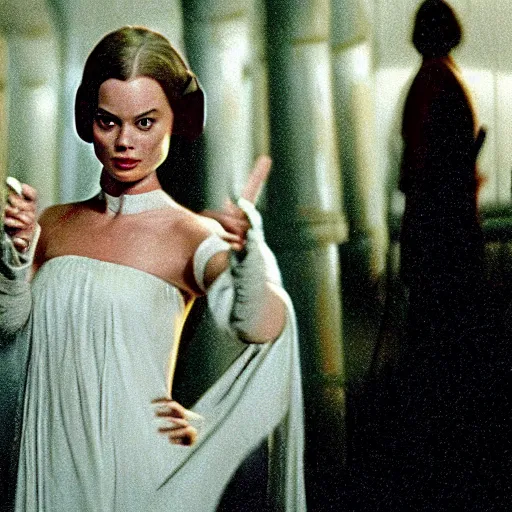 Prompt: film still of Margot Robbie as Princess Leia in Star Wars 1977