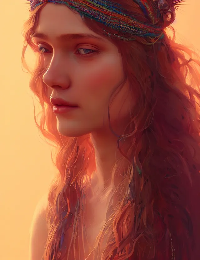 Image similar to portrait of a young woman wearing a boho dress, hippie girl, long hair, groovy hairband, bangs, intricate, smooth, groovy lighting, highly detailed, digital painting, artstation, concept art, smooth, sharp focus, illustration, art by wlop, mars ravelo and greg rutkowski