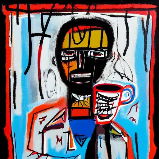 Prompt: Late Morning. Sunlight is pouring through the window lighting the face of a young sad man drinking a hot cup of coffee. A new day has dawned bringing with it new hopes and aspirations. Painted in the style of Basquiat, 1980