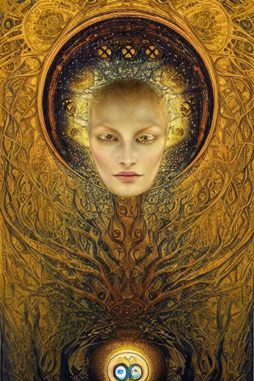 Image similar to Tree of Life by Karol Bak, Jean Deville, Gustav Klimt, and Vincent Van Gogh, mysterious portrait of sacred geometry, Surreality, radiant halo, otherworldly, enigma, fractal structures, celestial, arcane, ornate gilded medieval icon, third eye, spirals