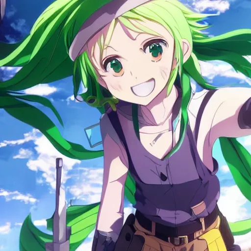 Prompt: anime key visual of a girl with a green outfit green hair and green eyes fascinated by a green paradise ; official media ; 4 k hd ; high quality ; in the rising of the shield hero ( 2 0 1 9 ), apex legends,