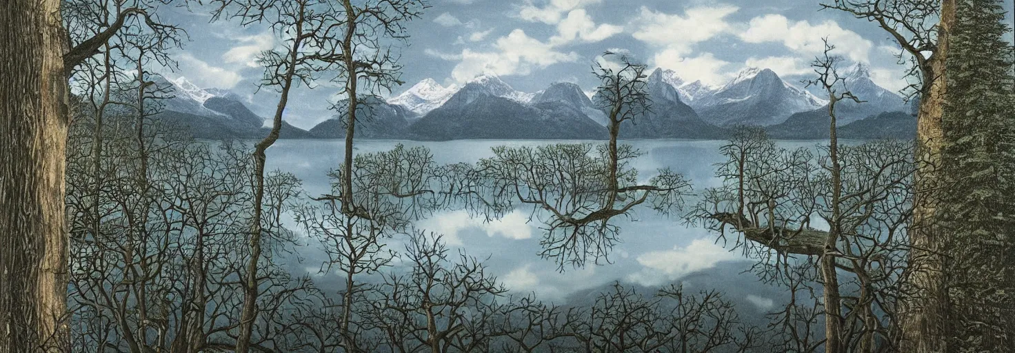 Image similar to escher painting of a lake, big trees reflecting on lake surface, mountains at background, snowy, ultra sharp, ultra detailed, horror emotion, colorized by salvador