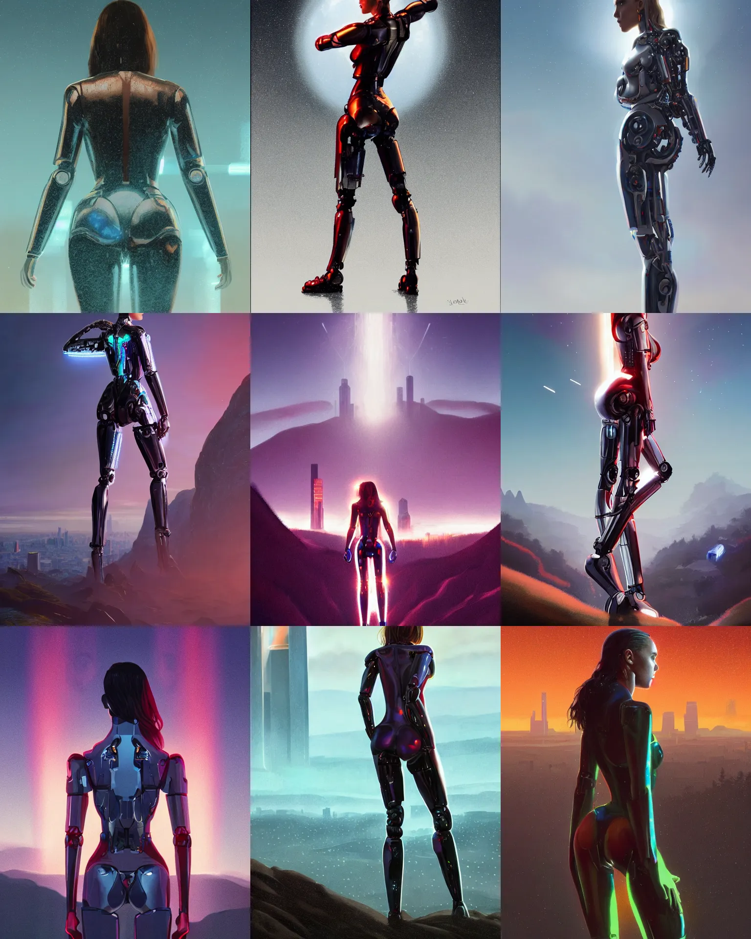 Prompt: movie poster body portrait of wet jessica alba robot cyborg young woman standing from behind, overlooking a future SF from twin peaks, facing away from the camera, bold shiny rave outfit :: trending on artstation, morning, ue5, sci-fi concept art :: nixri, Greg rutkowski,::