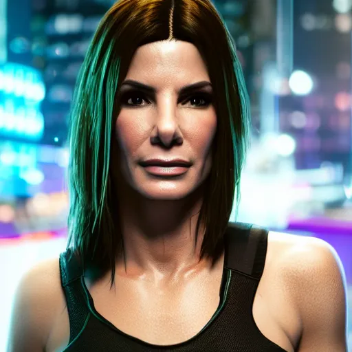 Image similar to sandra bullock portrait, cyberpunk 2 0 7 7, photorealistic, ultra detailed, neon, octane, bokeh, cinematic lighting, cyber, cyberpunk city, studio quality, feature, scars, cyberface, 8 k