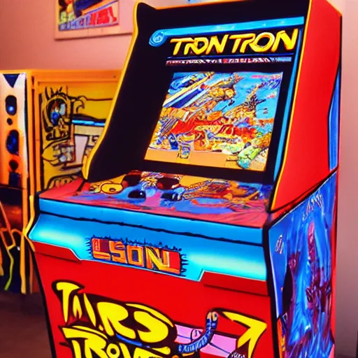 Image similar to a realistic detailed photograph of a 1 9 8 0 s arcade game cabinet of tron