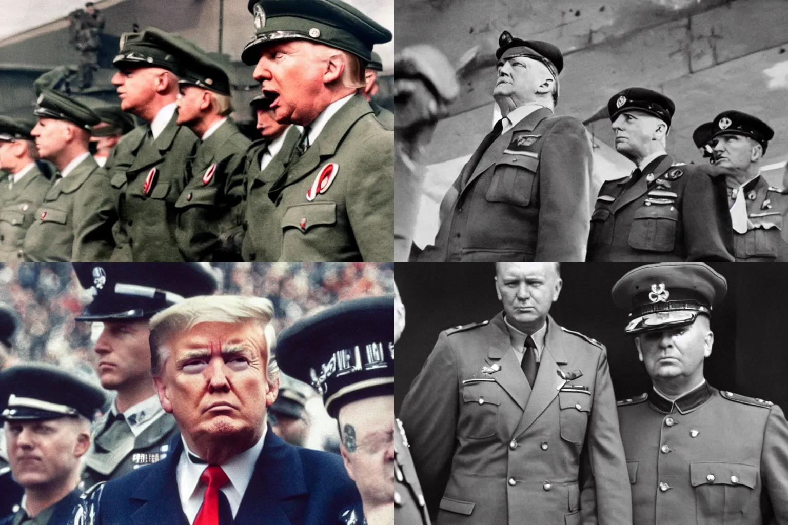 Prompt: color portrait photograph close up of Donald Trump wearing Reichsstaffelführer outfit yelling angrily, standing alongside Schutzstaffel holding mp40, inside a busy stadium designed by Marcello Piacentini, off-camera flash, canon 24mm f11 aperture, Ektachrome color photograph