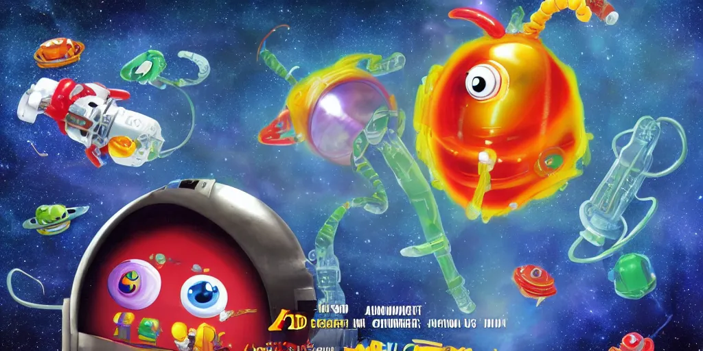 Image similar to a 3 d rendered movie still a gummi worm descendant 1 million years from now. gummi worm wears a spacesuit, and explores cosmos in a super awesome space ship. science fiction blockbuster movie gummi worms rule the world or my stepmom is a gummie worm from space, imax 7 0 mm. silent running