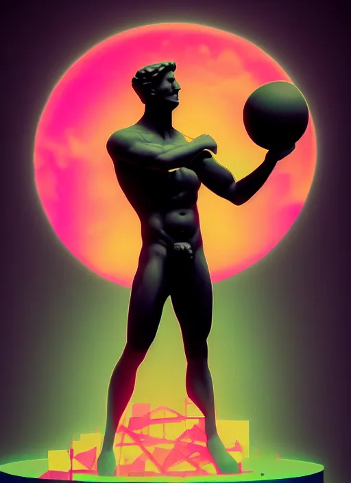 Image similar to statue of atlas holding the world, beeple, vaporwave, retrowave, black background, neon wiring, black, glitch, strong contrast, cuts, pinterest, trending on artstation