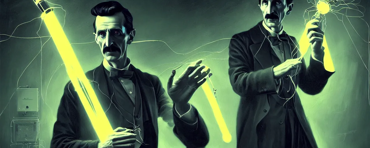 Image similar to duotone dark scifi illustration 3 / 4 portrait of nikola tesla with conducting eletricity experiments with tesla coils. cinematic lighting mad scientist style. golden ratio accidental renaissance. by sachin teng and sergey kolesov and ruan jia and heng z. graffiti art, scifi, fantasy, hyper detailed. octane render. concept art. trending on artstation