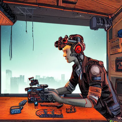 Prompt: in the style of max prentis and deathburger and laurie greasley a young explorer wearing a cyberpunk headpiece playing video games in his treehouse, highly detailed, midnight, 8 k wallpaper