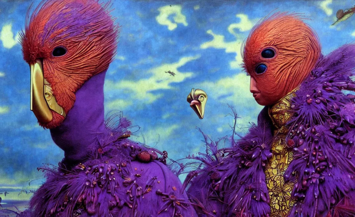 Prompt: realistic detailed portrait movie shot of a birdman wearing purple coat, sci fi city landscape background by denis villeneuve, amano, yves tanguy, alphonse mucha, ernst haeckel, max ernst, roger dean, masterpiece, rich moody colours, blue eyes, occult