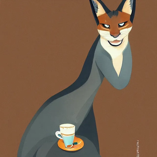 Image similar to cute caracal drinking coffee, by cory loftis, character art, art, very coherent, plain background, lighthearted, soft painting