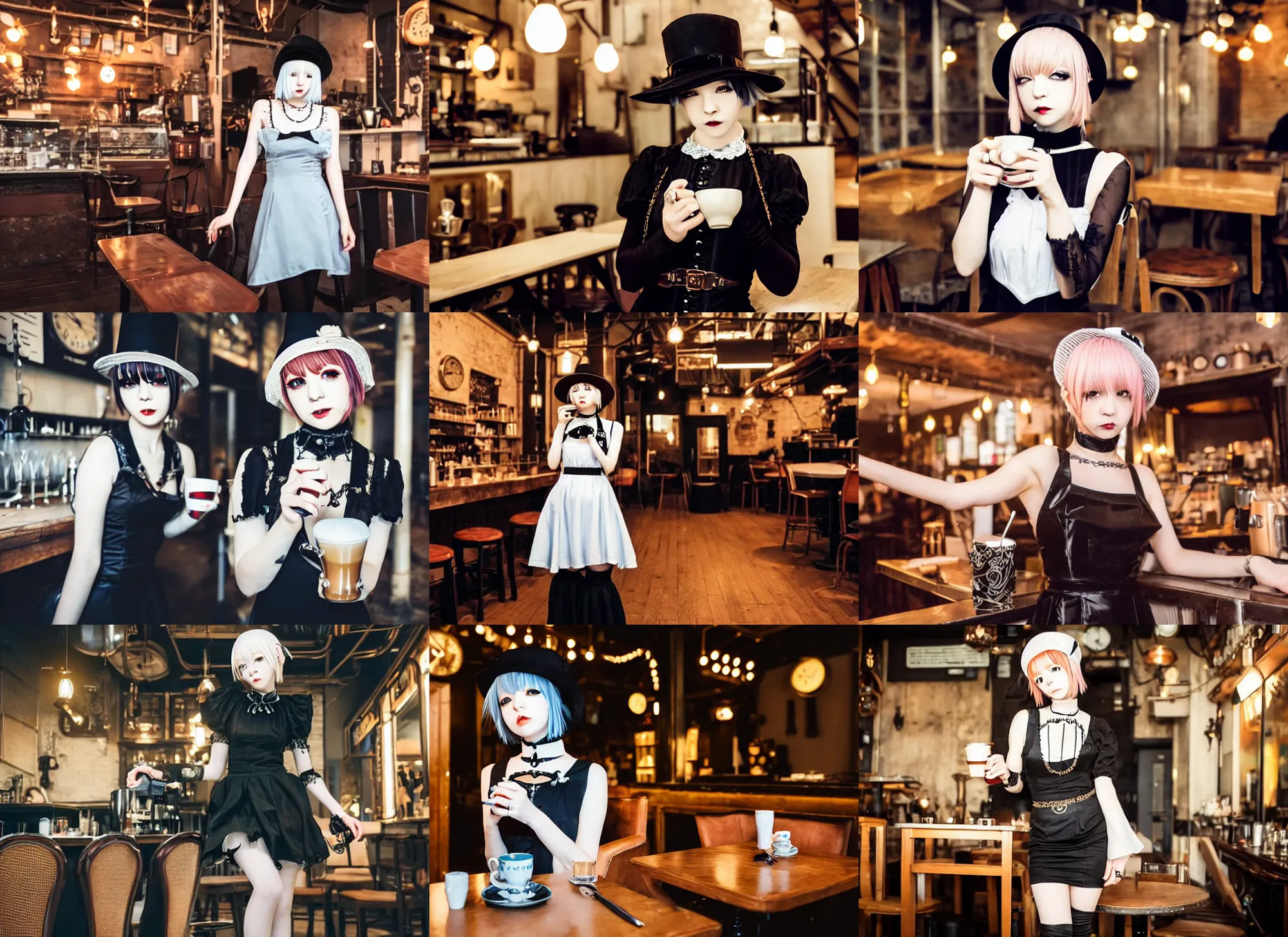 Prompt: full body portrait photo of reol wearing a elegant gothic dress, open top, wearing a chocker and cute hat, drinking coffee in a ( ( busy ) ) steampunk cafe interior, dim studio lighting, at night, ( ( photograph ) ), moody, realistic, detailed, low light, skin tinted a warm tone, light blue filter