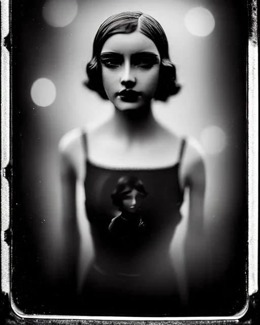 Image similar to tintype black and white dreamy young beautiful female artificial intelligence, metropolis, cinematic, rim light, bokeh, photo - realistic, elegant, high detail, 8 k, masterpiece, photo taken in 1 9 3 0