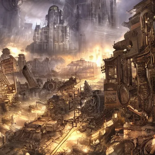 Prompt: steampunk city, war, space, future, ultra realistic