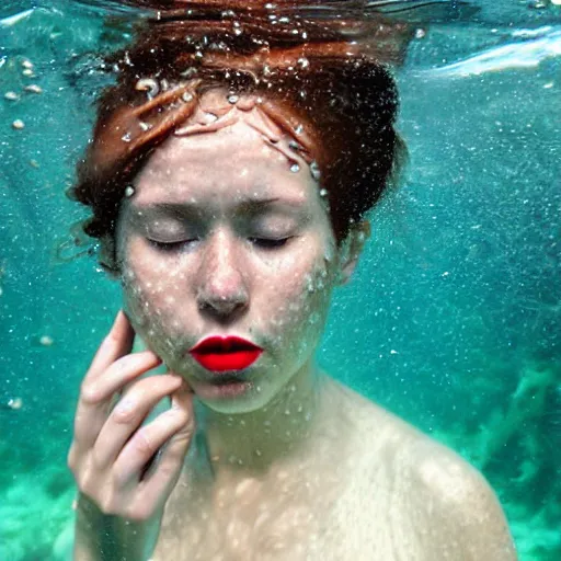 Prompt: medium shot of a teen with short brown hair completely underwater wearing a floral sundress, eyes closed, bright red lipstick, drowning, motion blur, long exposure, cinematic, by Cindy Sherman. Seed image is [3790640580, 3580780586, 658923803, 3389861569, 2223194009, 985530902, 1840572578, 2456109655]