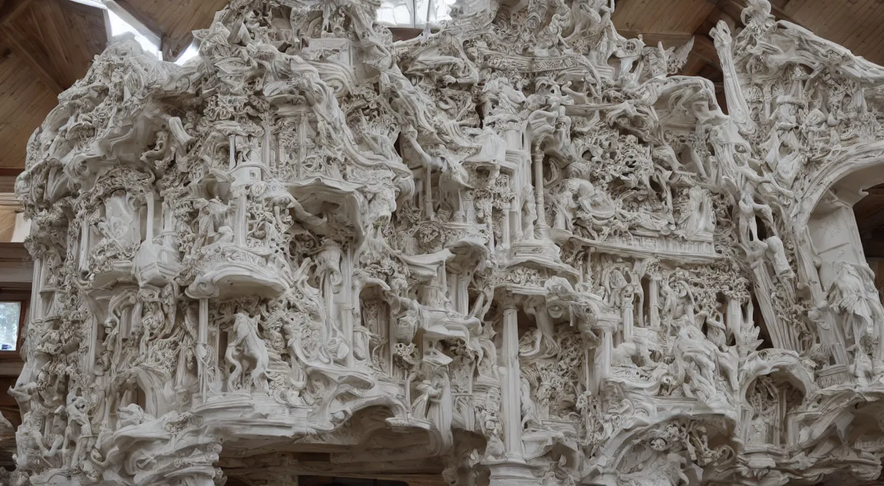 Image similar to a marble sculpture of a chalet hyperdetailed and hyperdetailed