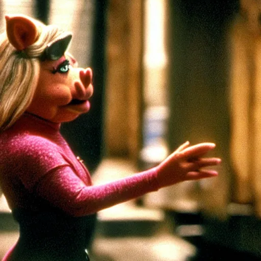 Image similar to movie still of trinity as miss piggy in the matrix 1 9 9 9 movie