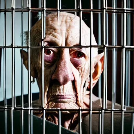 Prompt: incredibly detailed high quality studio portrait of an elderly alien being sitting in a cage in a warehouse