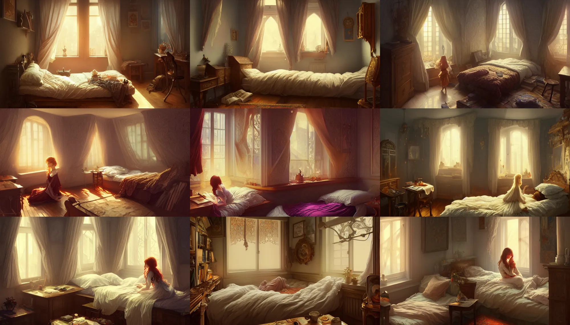 Prompt: small and cosy student bedroom, intricate, elegant, highly detailed, digital painting, artstation, concept art, smooth, sharp focus, illustration, art by artgerm and greg rutkowski and alphonse mucha, 8 k