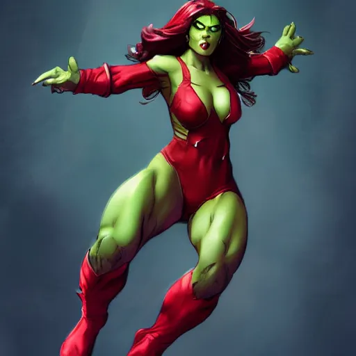 Prompt: the hulk dressed as the scarlet witch, beautiful face, action pose, splash art, comic book style, by wlop, highly detailed, dynamic shadows, trending on artstation