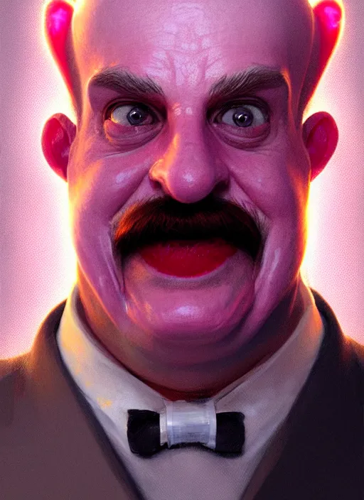 Image similar to portrait of dr robotnik, realistic, skinny, smile, ugly, defined jawline, big chin, pink hair bow, intricate, elegant, glowing lights, highly detailed, digital painting, artstation, sharp focus, illustration, art by wlop, mars ravelo and greg rutkowski