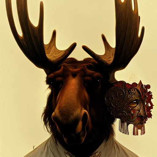 Image similar to Portrait of moose wearing an anonymous mask, fantasy, intricate, elegant, highly detailed, digital painting, artstation, concept art, smooth, sharp focus, illustration, art by Krenz Cushart and Artem Demura and alphonse mucha