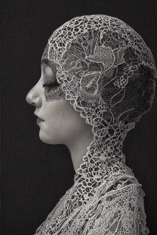 Image similar to a woman's face in profile, made of intricate lace skeleton, in the style of the dutch masters and gregory crewdson, dark and moody