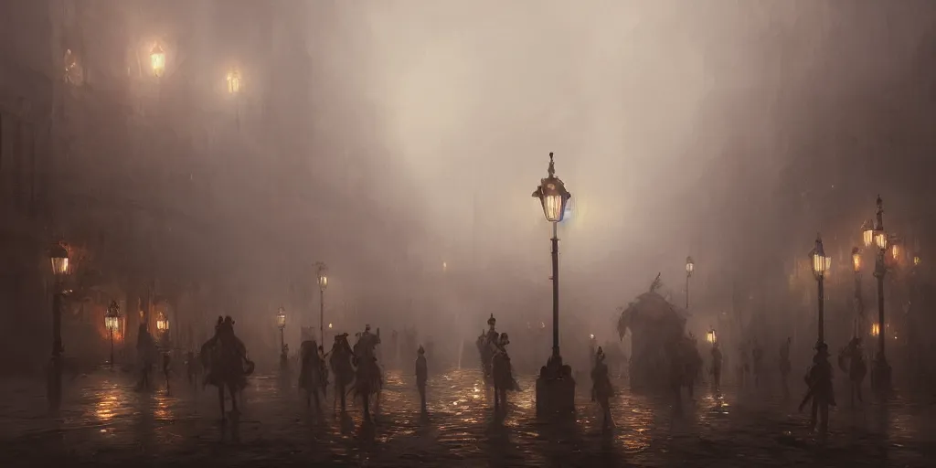 Image similar to a thick swirling fog obscuring a parade, soft lighting, night, unreal engine, digital art, 8 k, oil painting, fantasy art, illustration, detailed and intricate environment